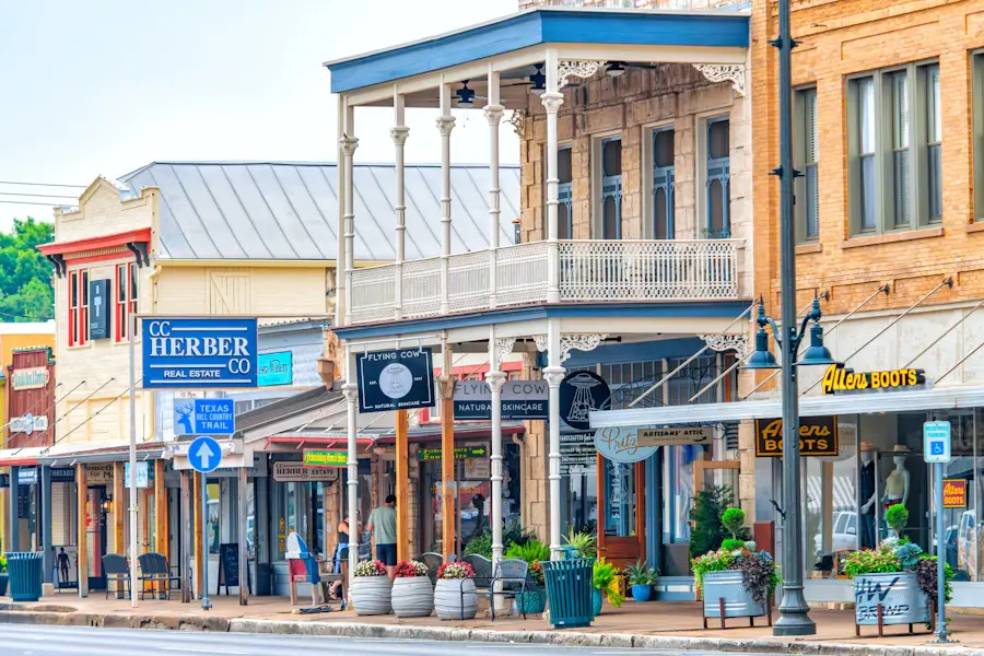 A row of storefronts on a small-town main street