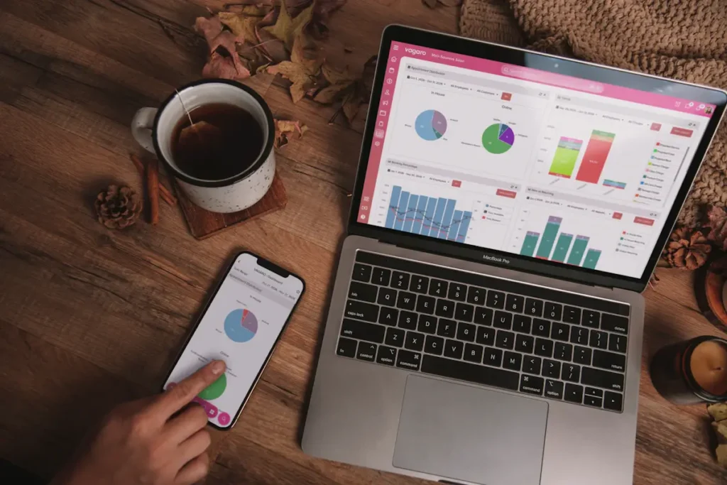 A laptop and phone showing analytics dashboards on a wooden desk